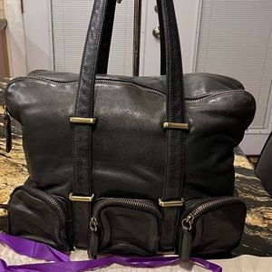 Black leather Dunlin Lafayette square collapsible shoulder tote